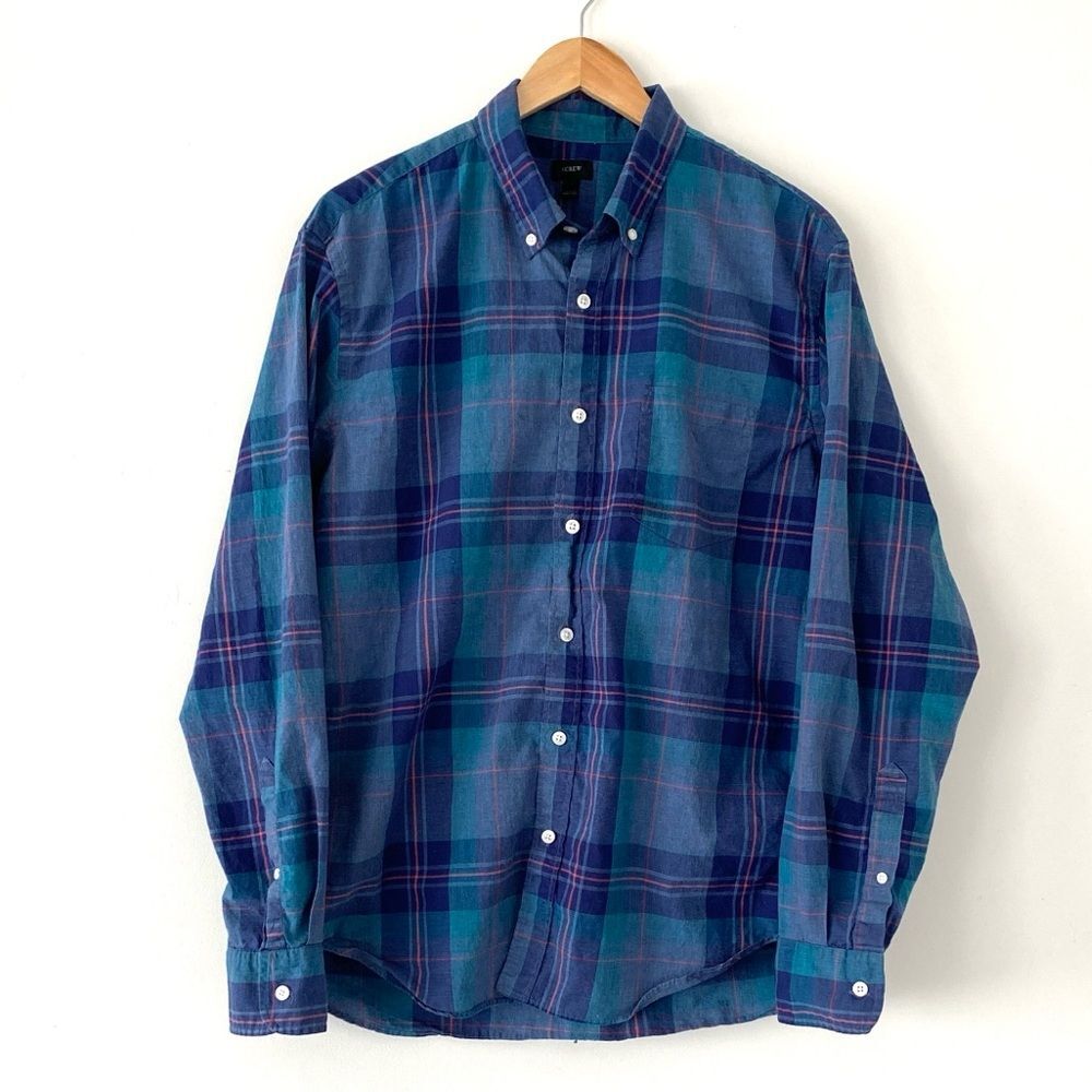J. Crew Men's Blue & Purple Plaid Cotton Long Sleeve Shirt Sz L Preppy Academia